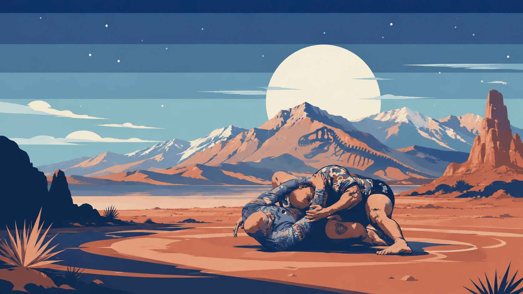 Two grapplers rolling no-gi on the desert floor beneath a full moon and the Wasatch range