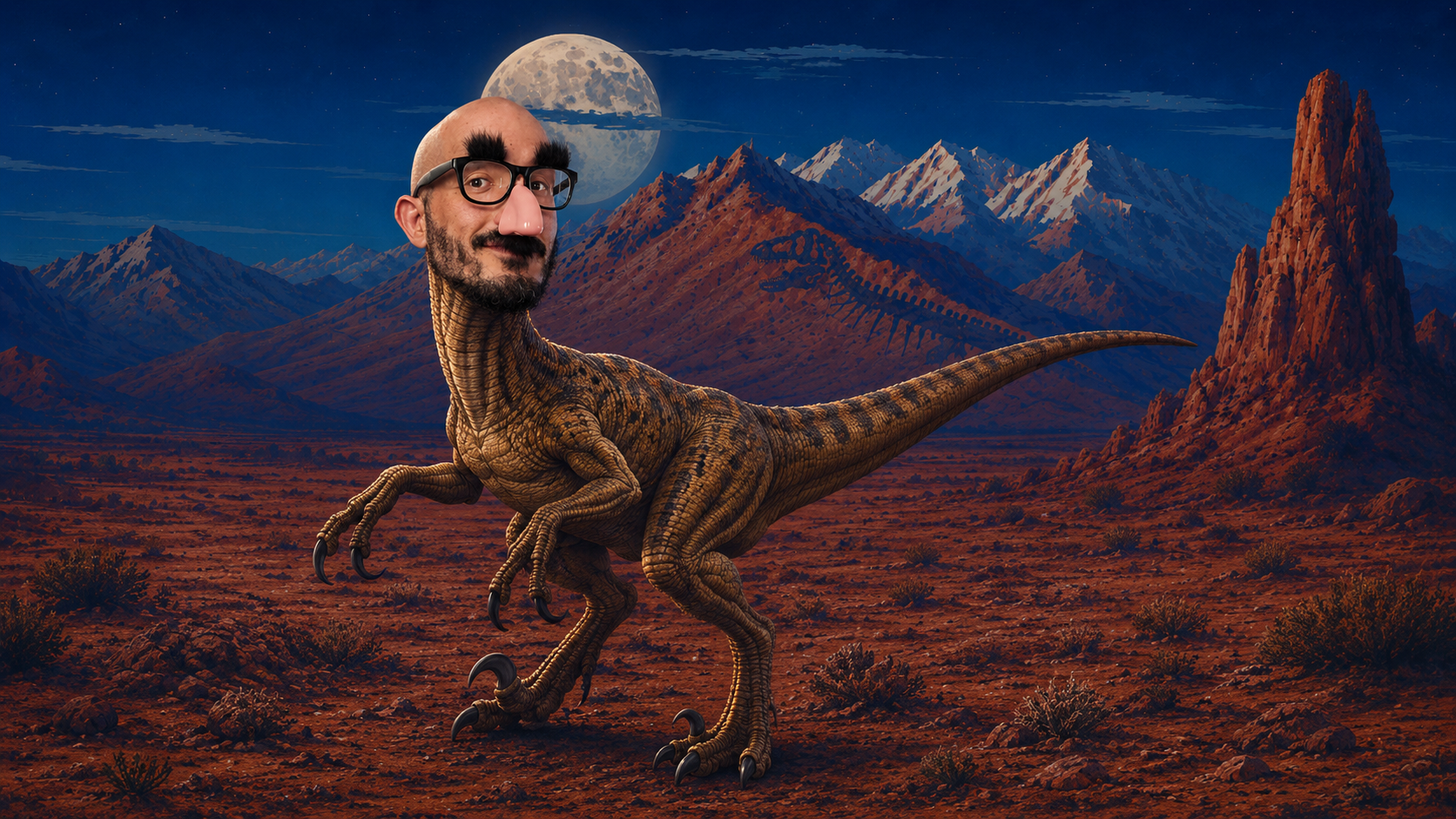 Cartoon raptor with head coach Dr. Amir Allam's grinning face, standing in a moonlit red-rock desert