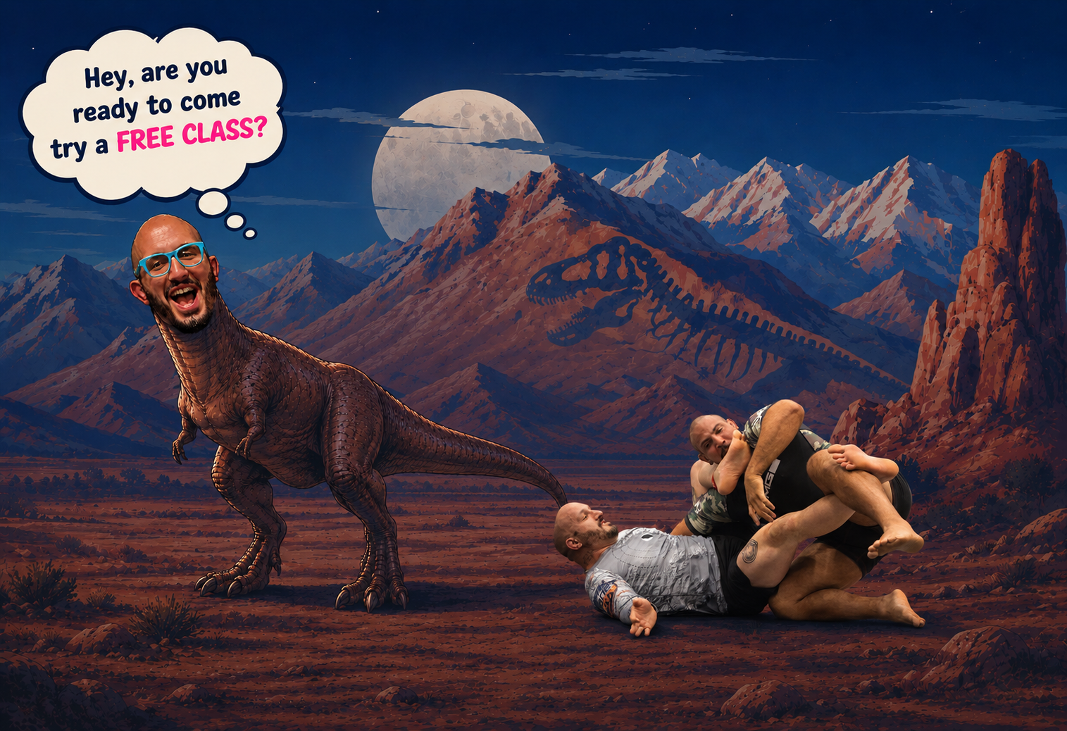Cartoon T-Rex with head coach Dr. Amir Allam's face beside two grapplers rolling no-gi in a moonlit desert, with a speech bubble asking if you're ready to come try a free class