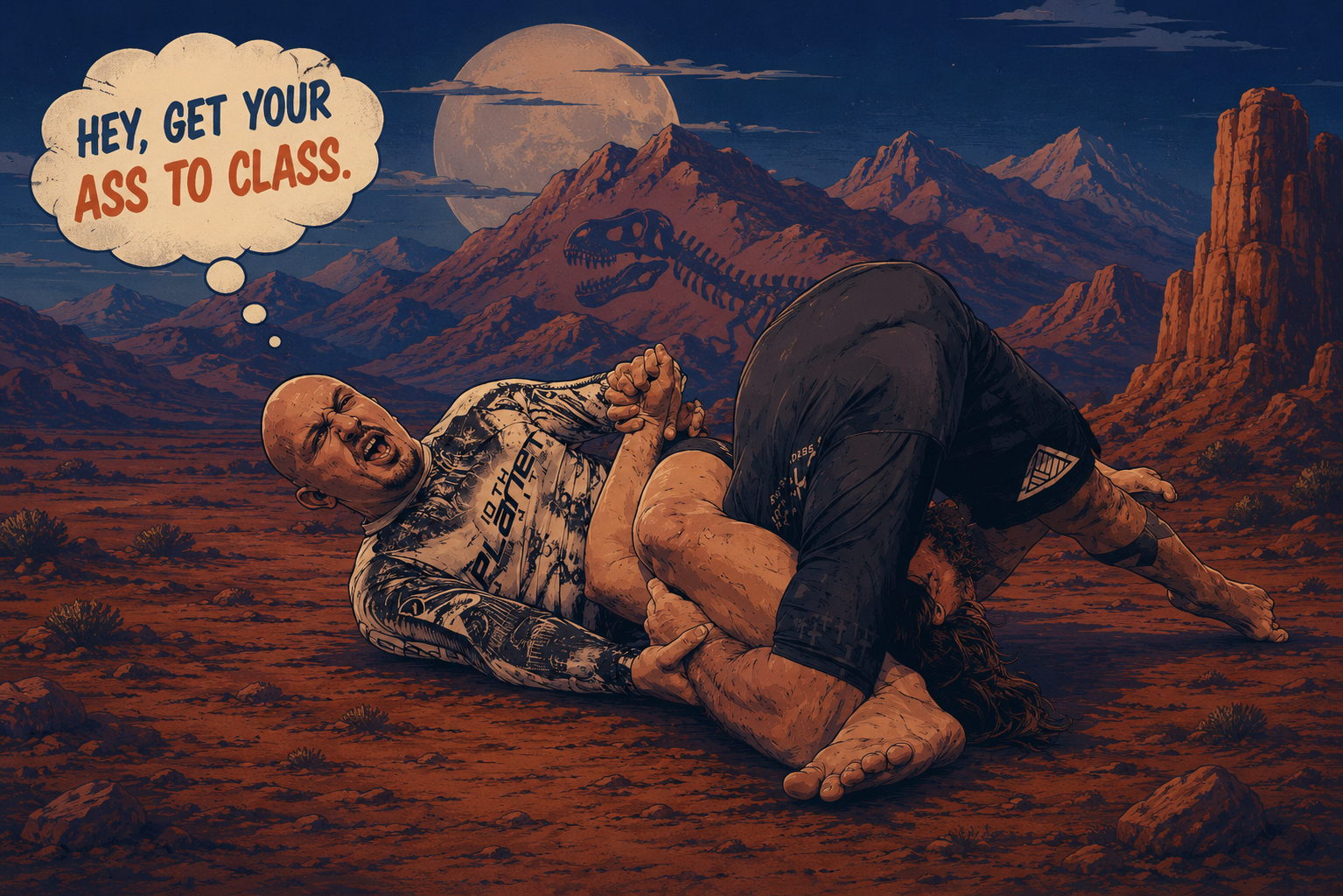 Two grapplers rolling no-gi on the desert floor beneath a full moon, with a speech bubble reading 'Hey, get your ass to class.'